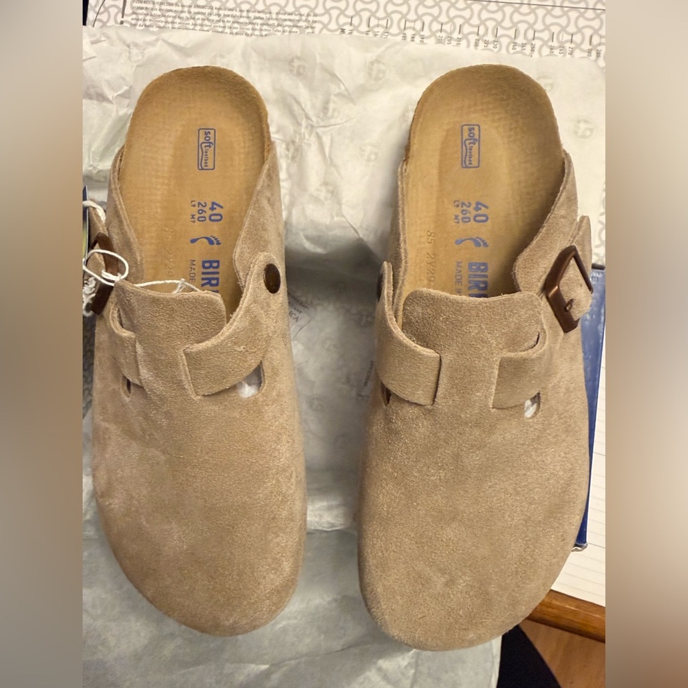 Birkenstock Boston Taupe Suede Clogs